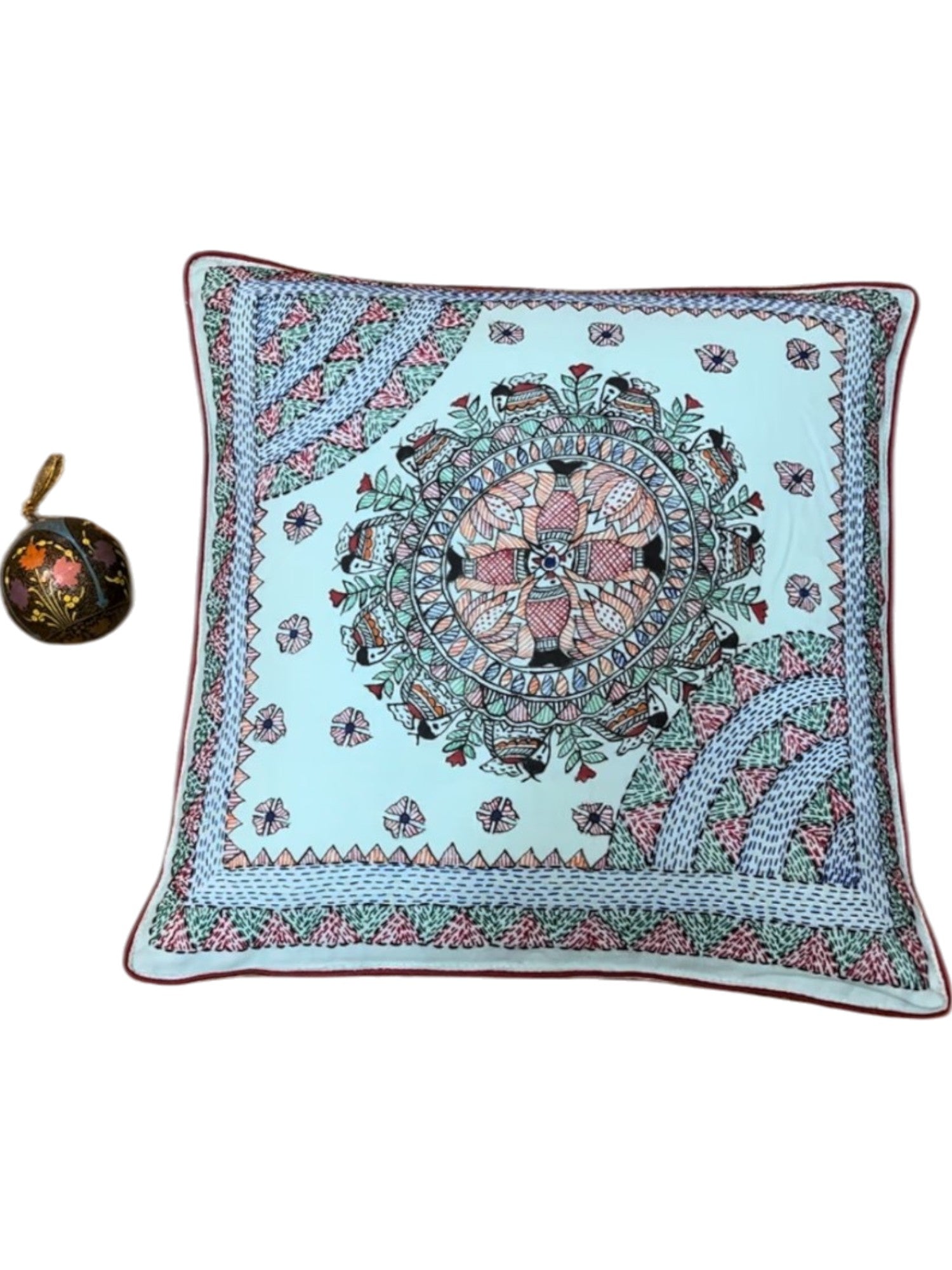 MADHUBANI AND SUJANI HAND-CRAFTED CUSHION COVER- FOUR FISH MOTIF